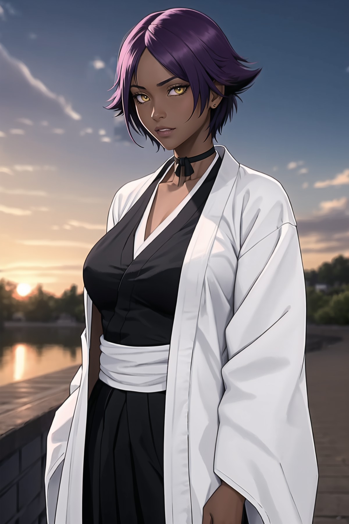 highres shihouin yoruichi,  black shirt, black kimono, open white coat, black hakama, 1girl, solo, dark skinned female, da...